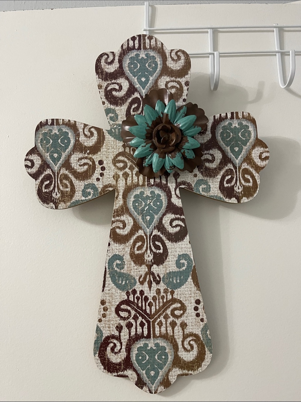 Decorative Teal and Brown Patterned Wall Cross